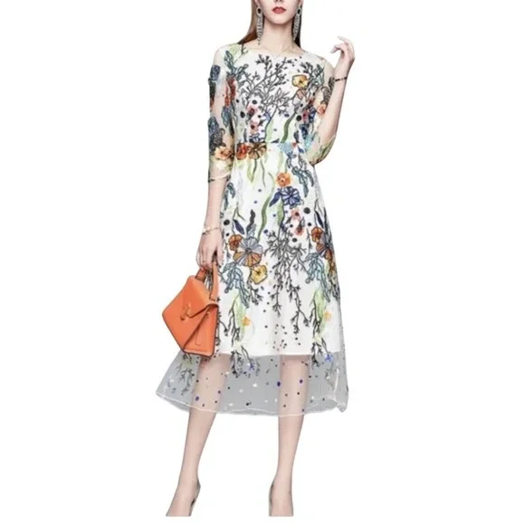 Antrophology Vicky and Lucas Floral Embroidered Midi Dress Sheer Overlay Party L - Picture 3 of 13
